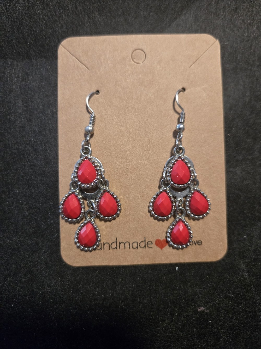 Handmade Red Teardrop Chandelier Earrings - Silver Tone